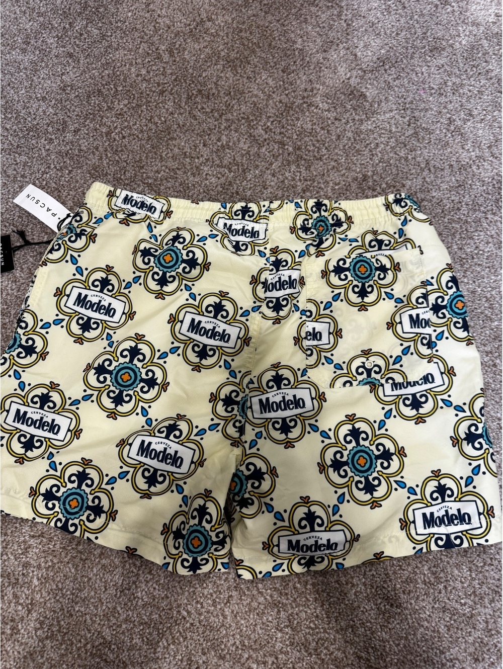 Pacsun Modelo Swim Trunks Men’s Medium Cream Beer Logo Board Shorts NWT